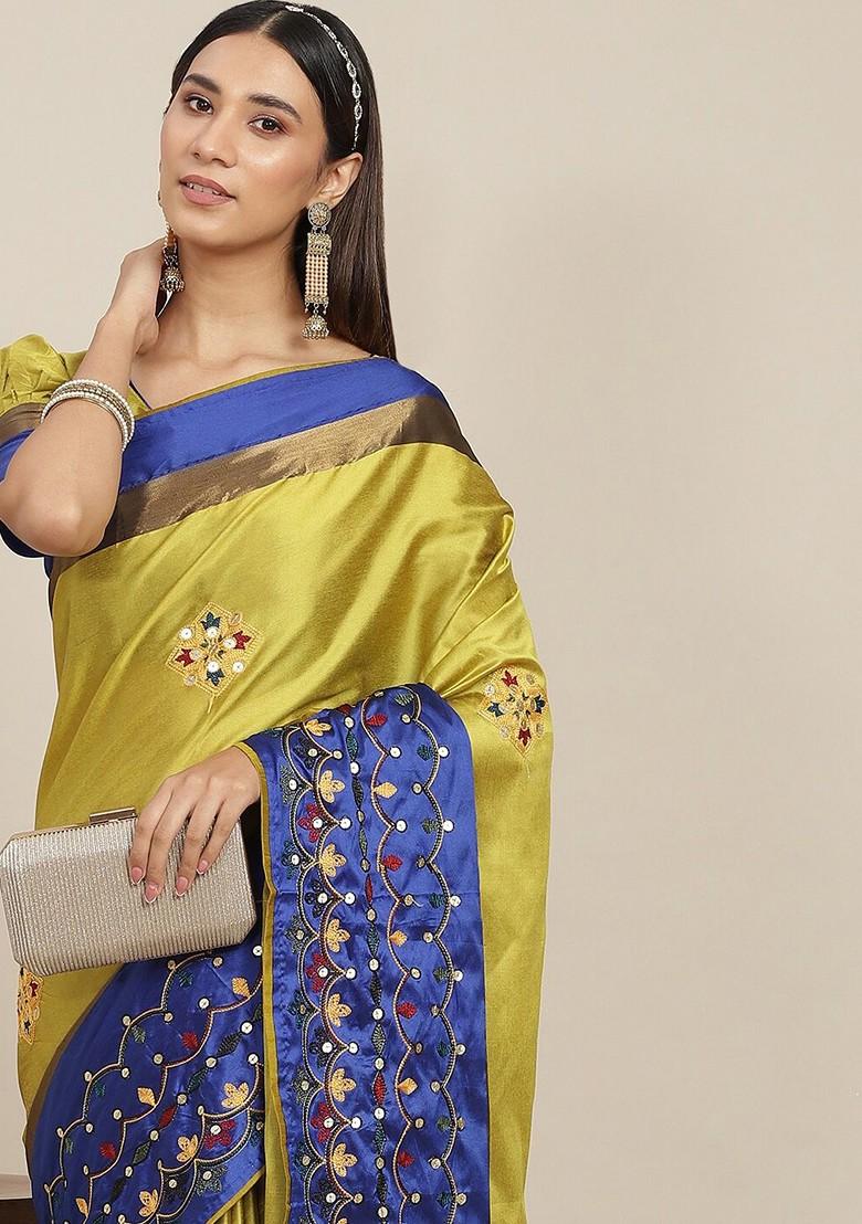 Yellow Ethnic Motifs Embroidery Silk Saree Set