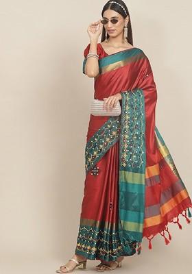 Red Ethnic Motifs Embroidery Silk Saree Set
