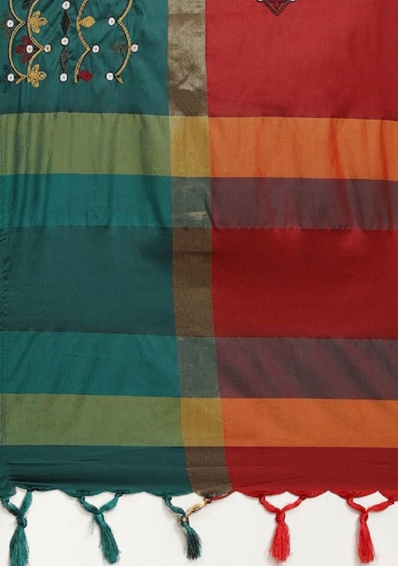 Red Ethnic Motifs Embroidery Silk Saree Set