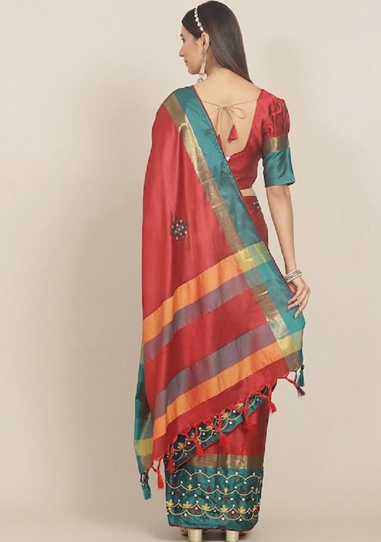 Red Ethnic Motifs Embroidery Silk Saree Set
