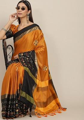 Orange Ethnic Motifs Embroidery Silk Saree Set