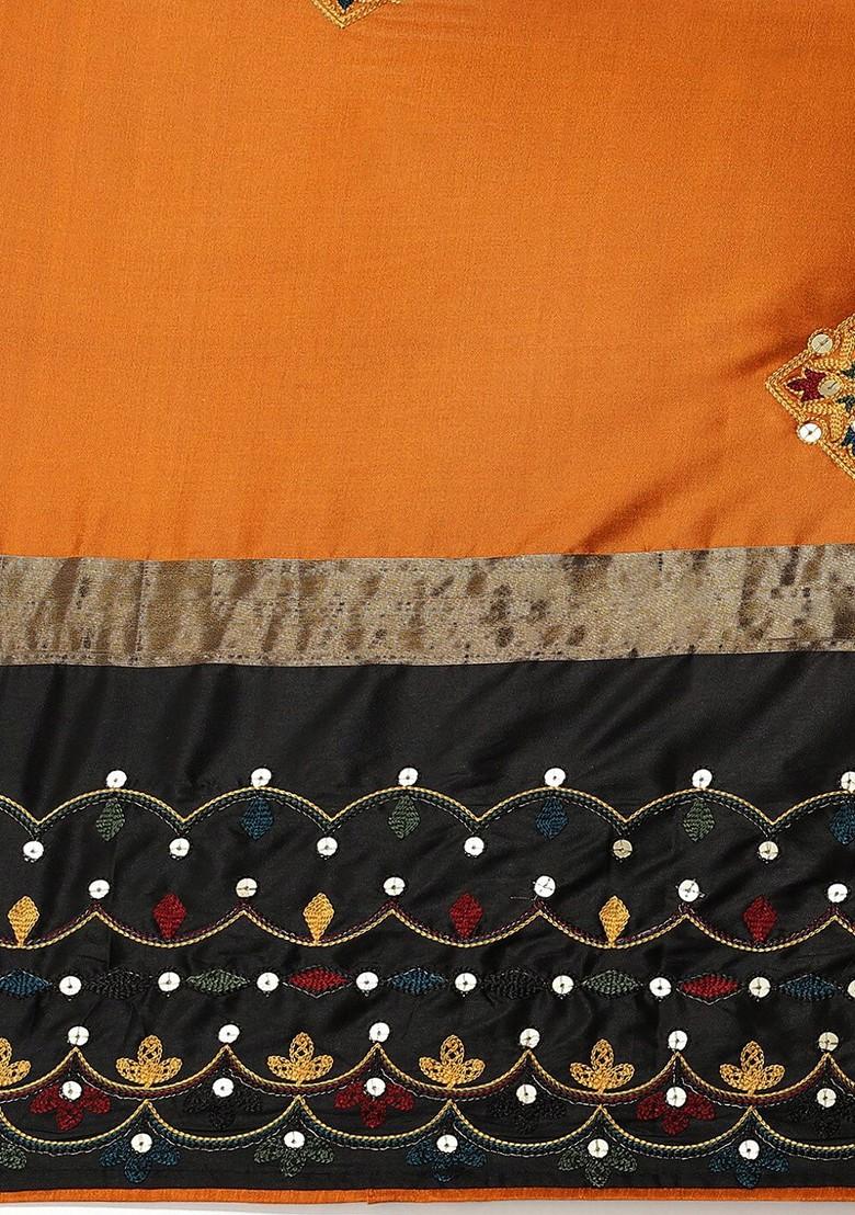 Orange Ethnic Motifs Embroidery Silk Saree Set