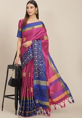Pink Ethnic Motifs Embroidery Silk Saree Set