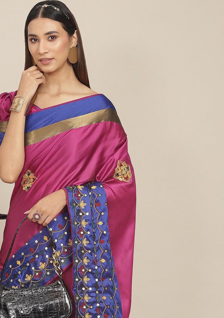 Pink Ethnic Motifs Embroidery Silk Saree Set