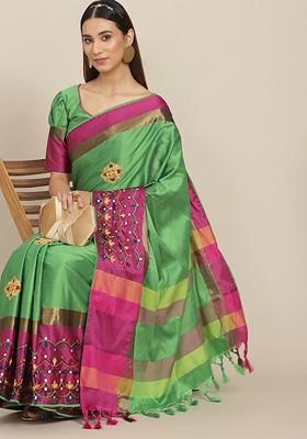 Green Ethnic Motifs Embroidery Silk Saree Set