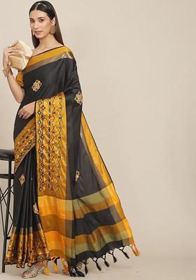 Black Ethnic Motifs Embroidery Silk Saree Set