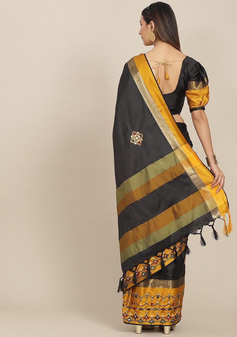 Black Ethnic Motifs Embroidery Silk Saree Set