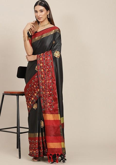 Black Printed Silk Saree Set
