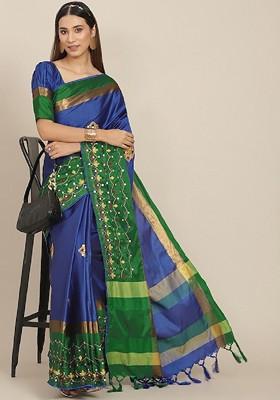 Navy Blue Ethnic Motifs Embroidery Silk Saree Set
