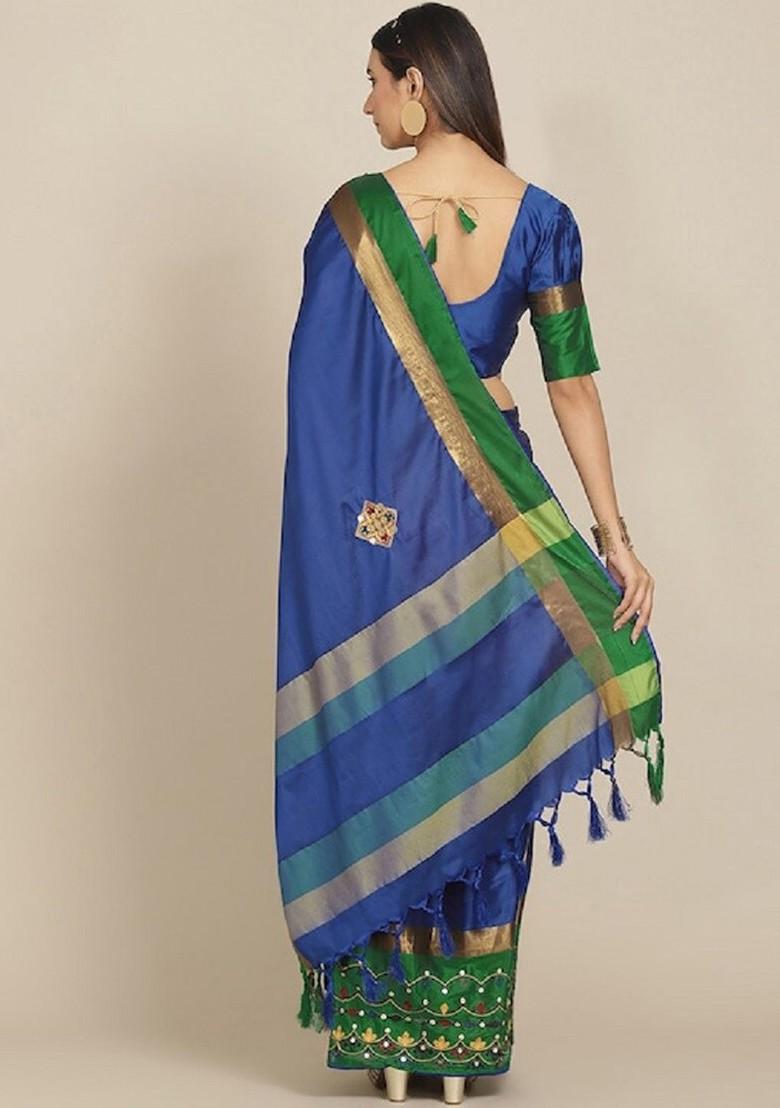 Navy Blue Ethnic Motifs Embroidery Silk Saree Set