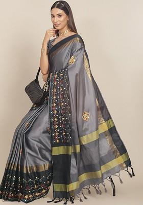 Grey Ethnic Motifs Embroidery Silk Saree Set