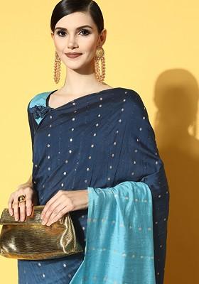 Blue Sequin Embroidered Poly Blend Saree Set