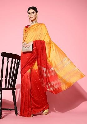 Red Sequin Embroidered Poly Blend Saree Set