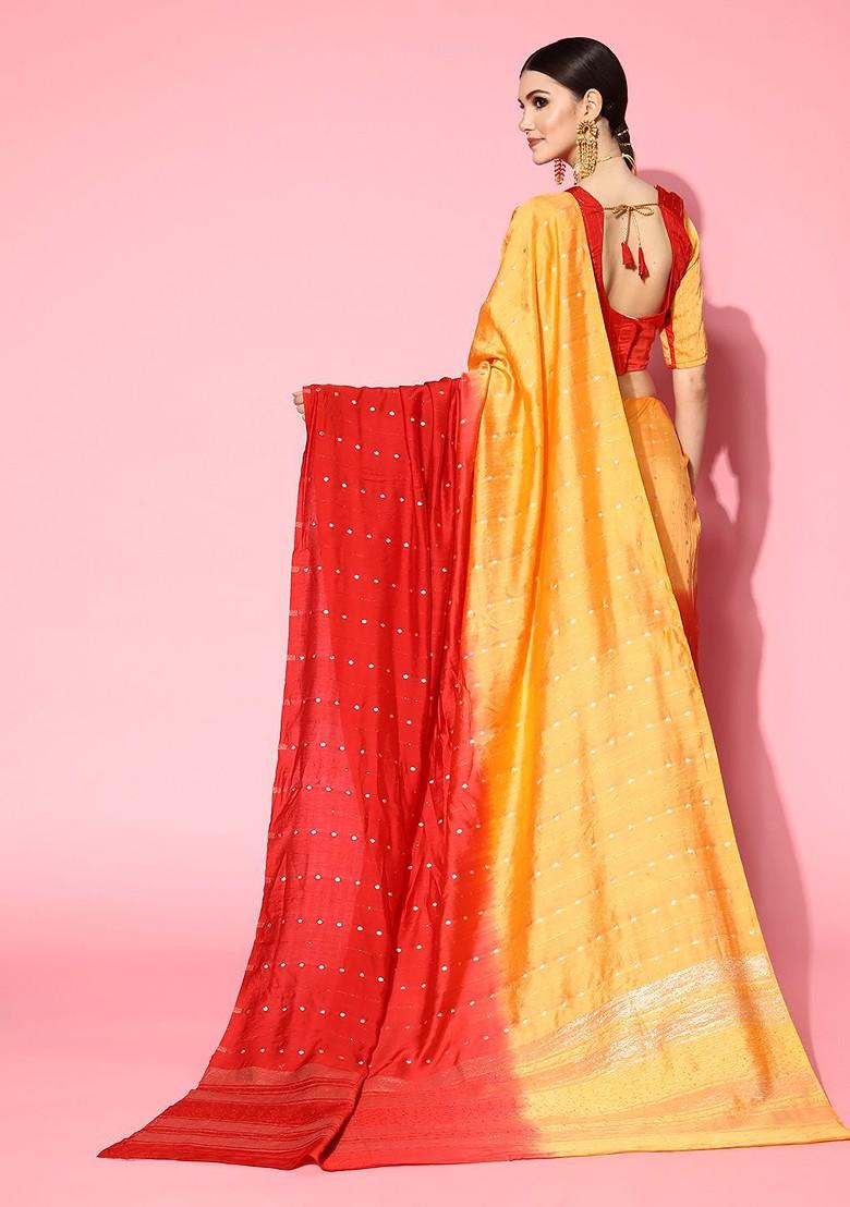 Red Sequin Embroidered Poly Blend Saree Set