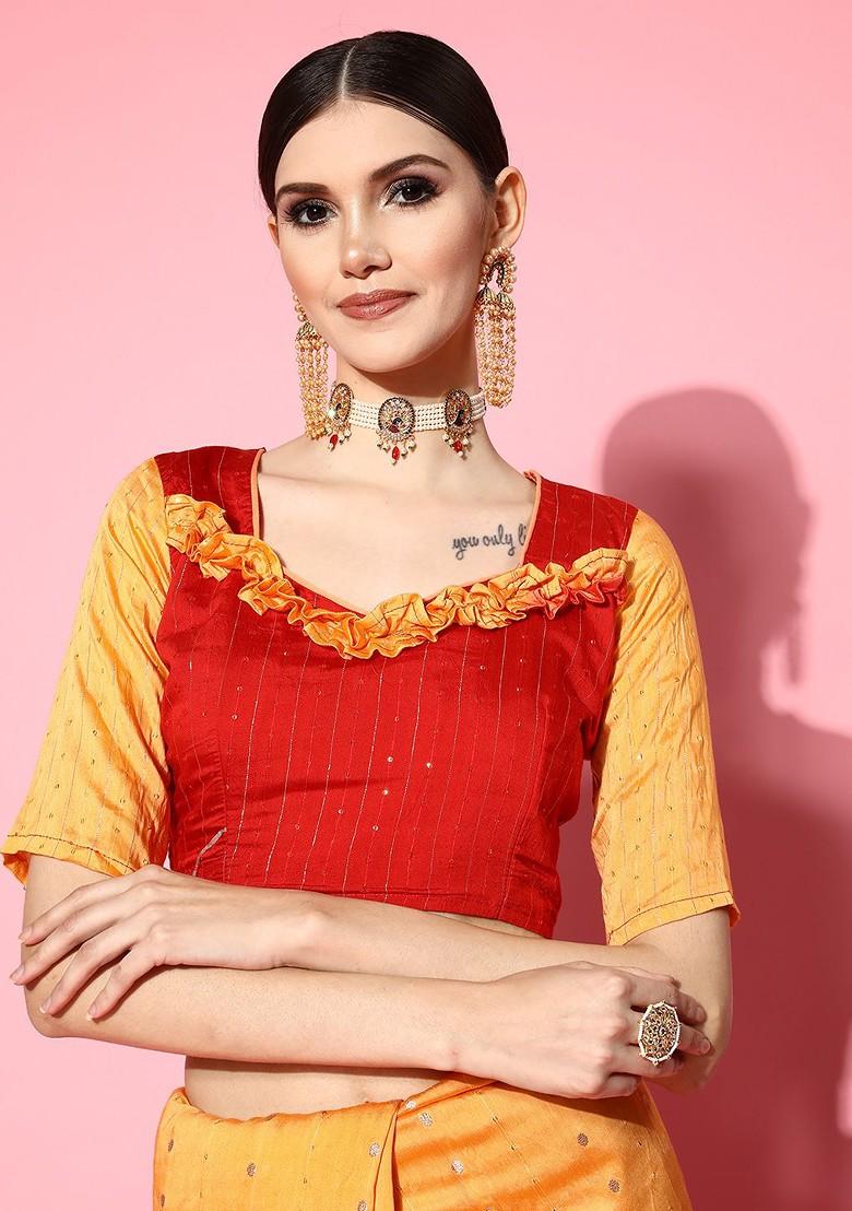 Red Sequin Embroidered Poly Blend Saree Set