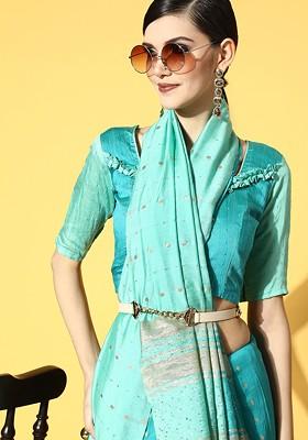 Sea Green Sequin Embroidered Poly Blend Saree Set