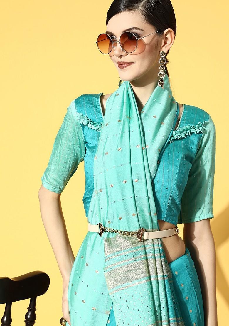 Sea Green Sequin Embroidered Poly Blend Saree Set