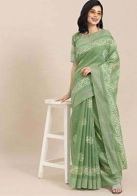 Green Zari Embroidered Poly Blend Saree Set