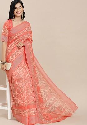 Peach Ethnic Motifs Embroidery Poly Blend Saree Set