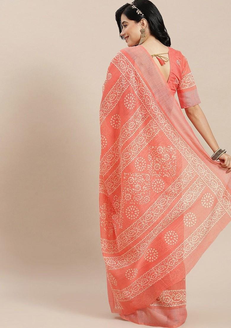 Peach Ethnic Motifs Embroidery Poly Blend Saree Set