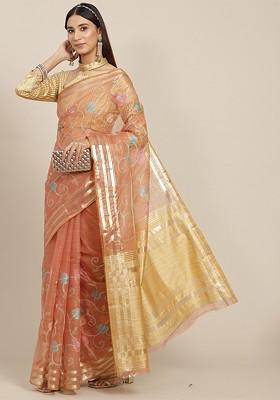 Pink Floral Embroidered Organza Saree Set