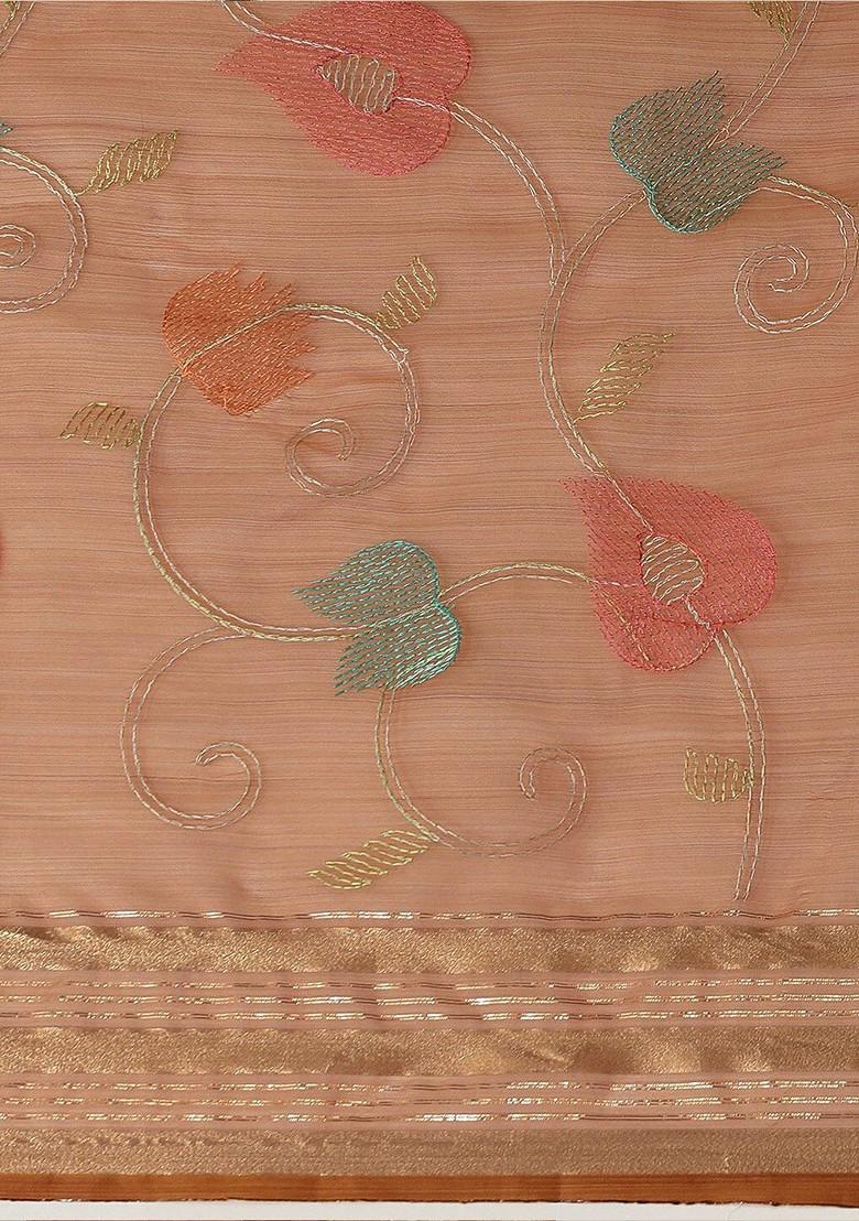 Pink Floral Embroidered Organza Saree Set