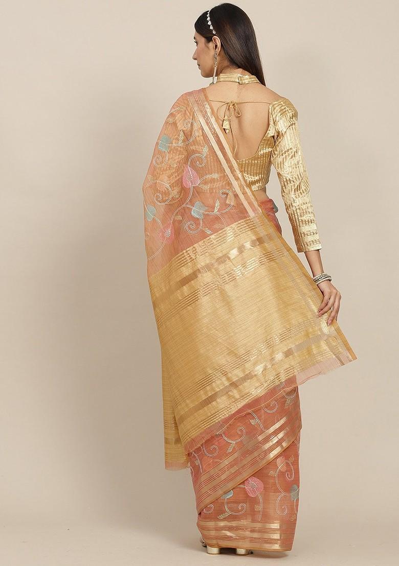Peach Floral Embroidered Organza Saree Set