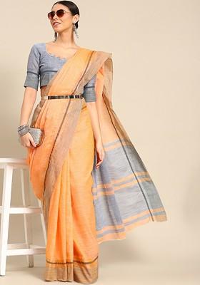 Orange Solid Cotton Saree Set