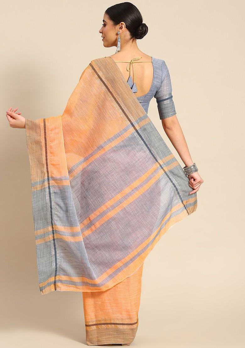 Orange Solid Cotton Saree Set