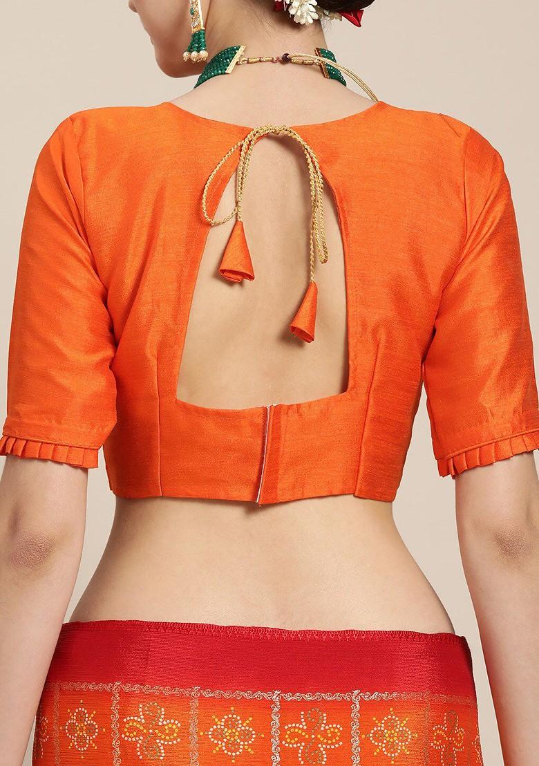 Orange Printed Poly Blend Saree Set