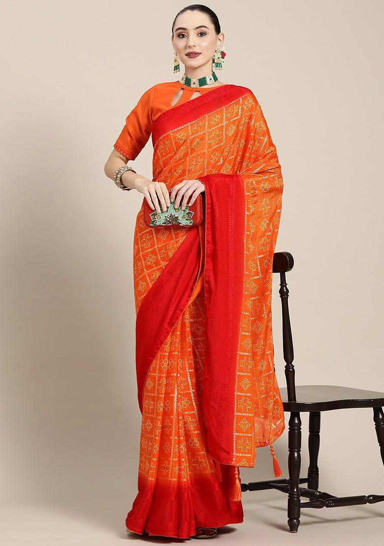 Orange Printed Poly Blend Saree Set