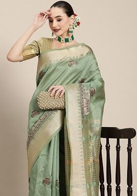 Green Ethnic Motifs Embroidery Silk Saree Set