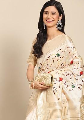 Beige Zari Embroidered Poly Blend Saree Set