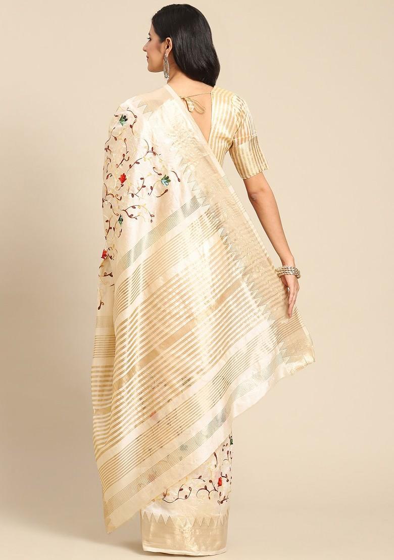 Beige Zari Embroidered Poly Blend Saree Set