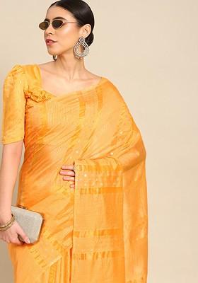 Orange Zari Embroidered Banarasi Silk Saree Set