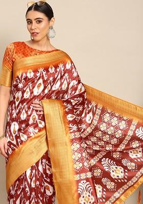 Red Ethnic Motifs Embroidery Banarasi Silk Saree Set