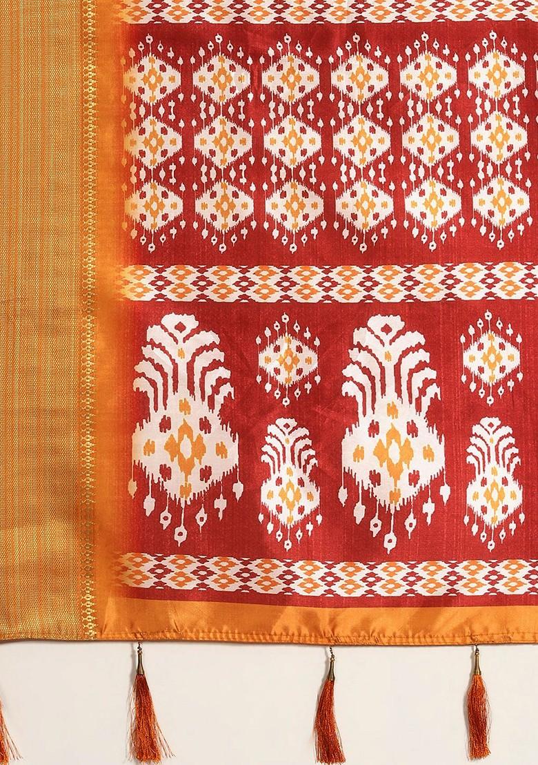 Red Ethnic Motifs Embroidery Banarasi Silk Saree Set