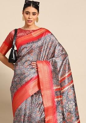 Grey Ethnic Motifs Embroidery Silk Saree Set