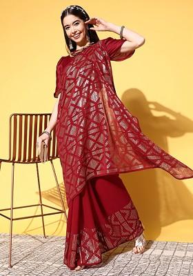 Maroon Sequin Embroidered Poly Blend Saree Set