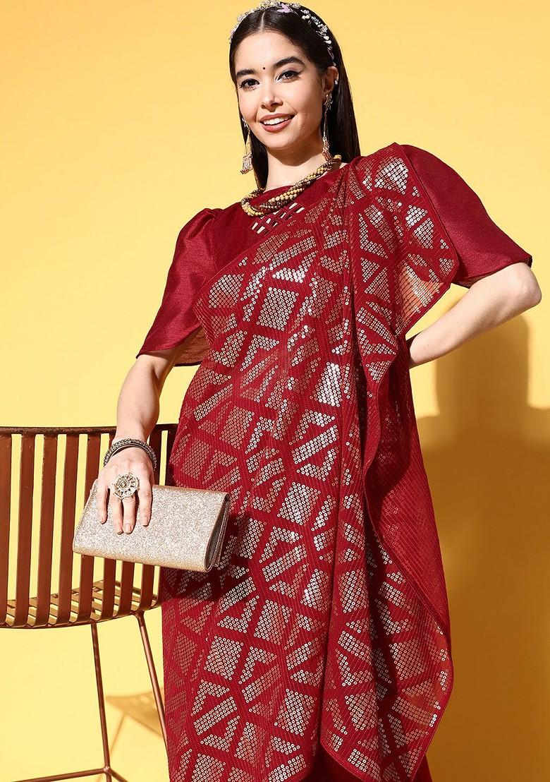 Maroon Sequin Embroidered Poly Blend Saree Set
