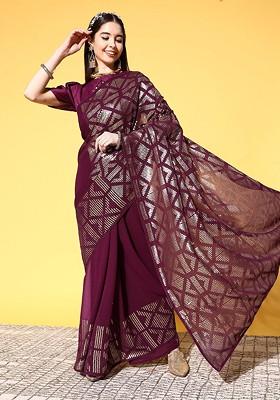 Maroon Sequin Embroidered Poly Blend Saree Set