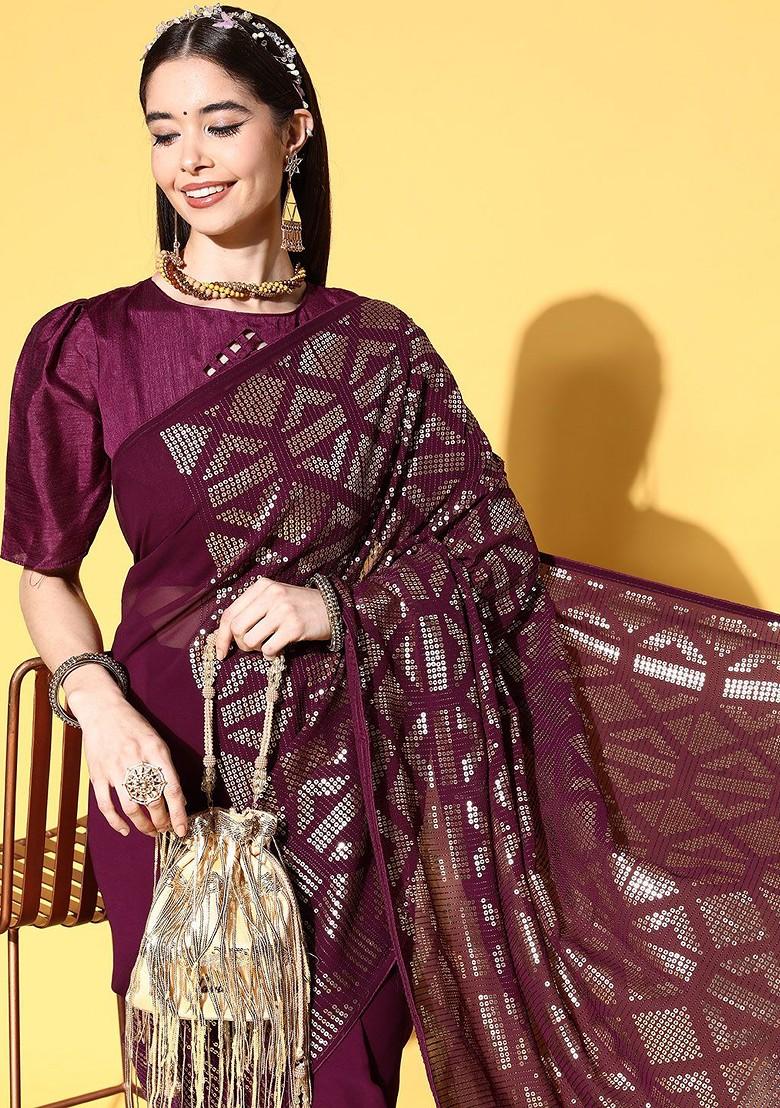 Maroon Sequin Embroidered Poly Blend Saree Set