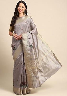Grey Embroidered Silk Saree Set