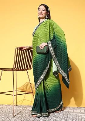 Green Striped Print Poly Blend Saree Set