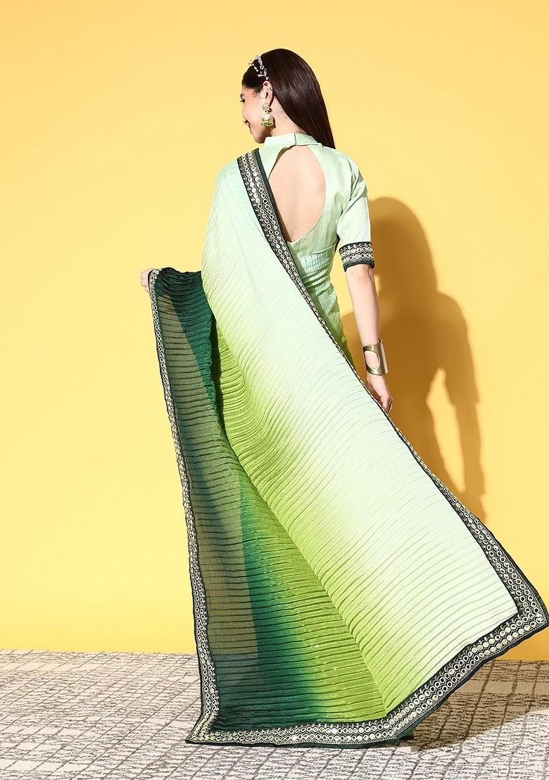 Green Striped Print Poly Blend Saree Set