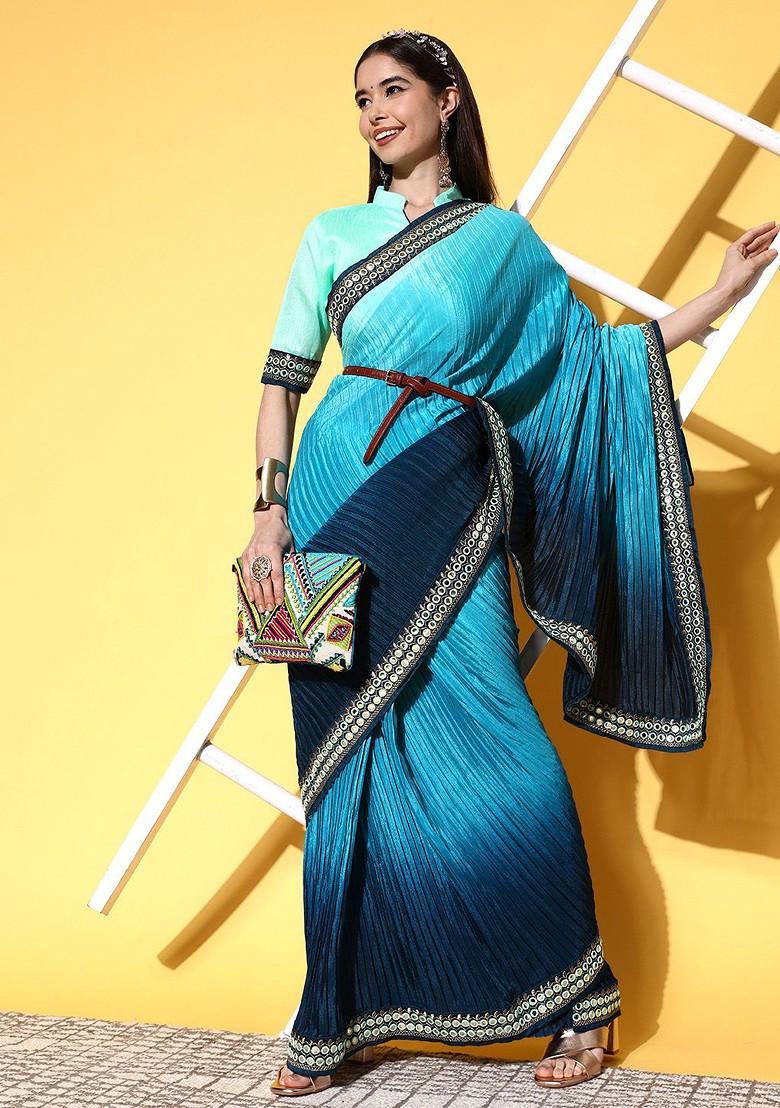 Blue Striped Print Poly Blend Saree Set