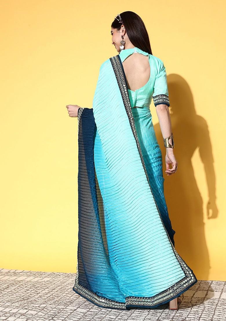 Blue Striped Print Poly Blend Saree Set