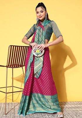 Pink Block Print Poly Blend Saree Set