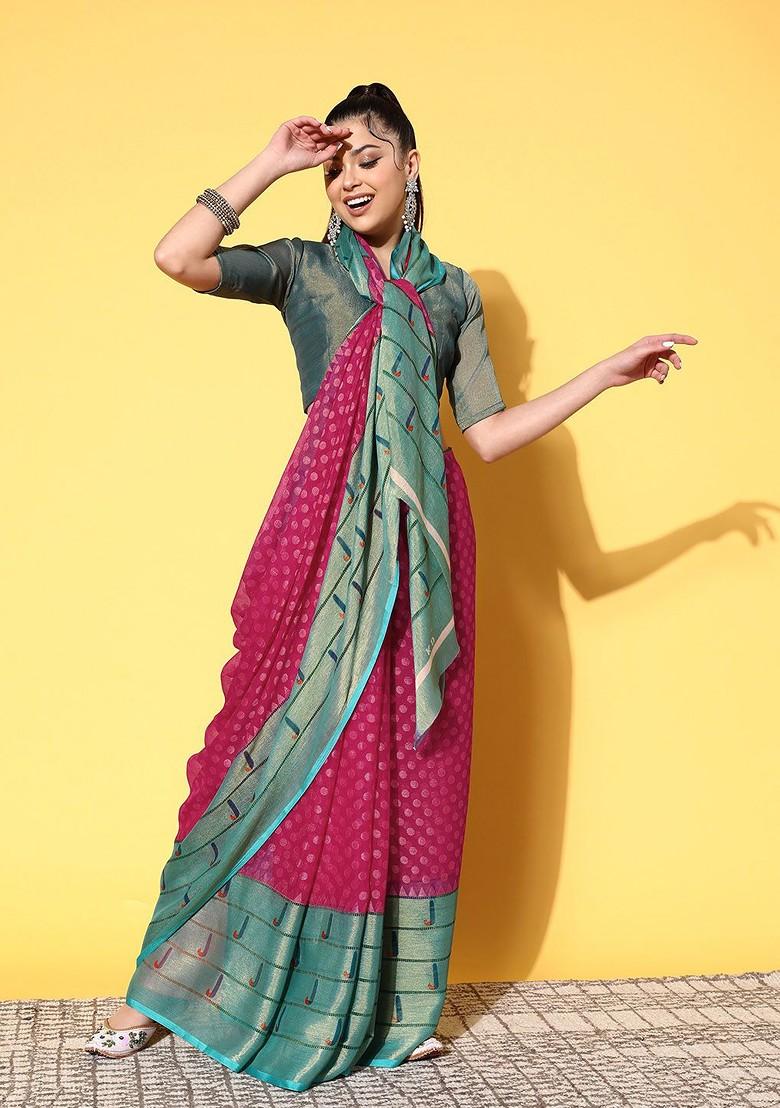 Pink Block Print Poly Blend Saree Set