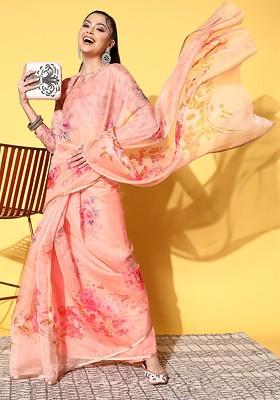 Peach Block Print Organza Saree Set